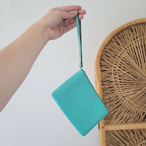 Kate Spade Aqua Blue Wristlet Clutch Leather Small Zip Pouch Evening Bag